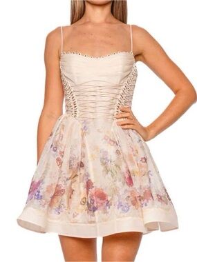 Zimmermann Cream Floral Lace-Up Mini Dress with Pastel Bouquet